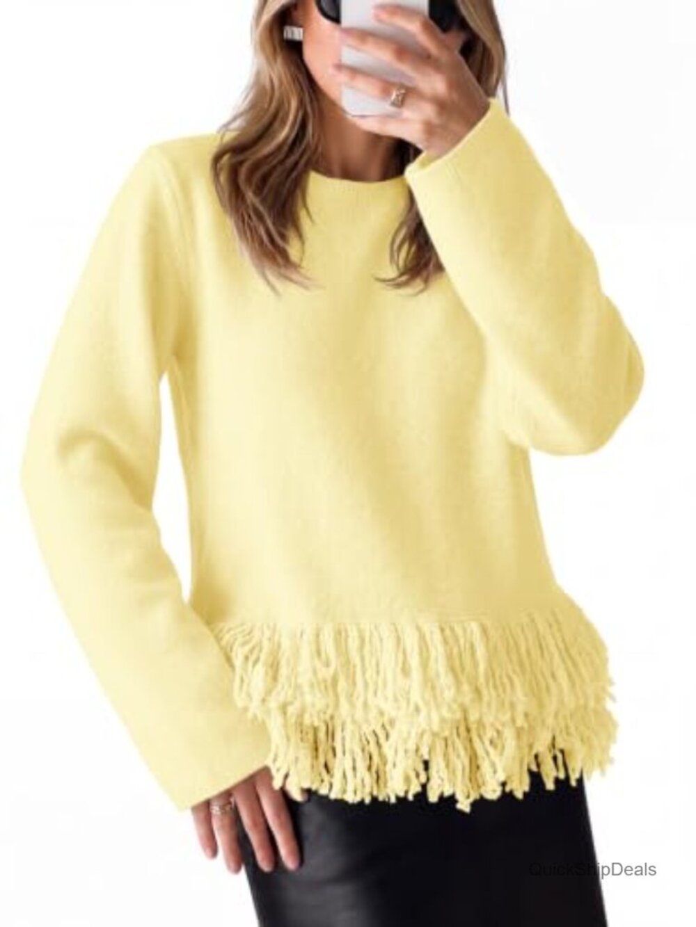 Fringe Sweater Crew Neck Boho Pullover Long Sleeve Knit Top